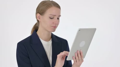 Woman Interacting with a Tablet on White Background