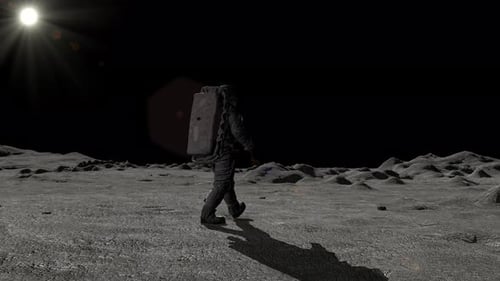 Astronaut Walks on Moon Surface Looking at Earth