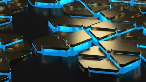 Futuristic Gold Hexagons with Blue Glowing Grid Background