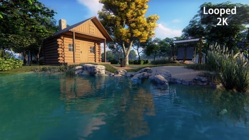 Realistic 3D Log Cabin by a Serene Lakeside Scene