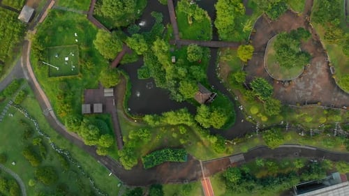 Aerial Shot of a Beautiful Park with Green Lawns and Small River