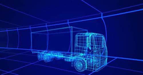 Digital Wireframe Truck Traveling in a Futuristic Grid Tunnel