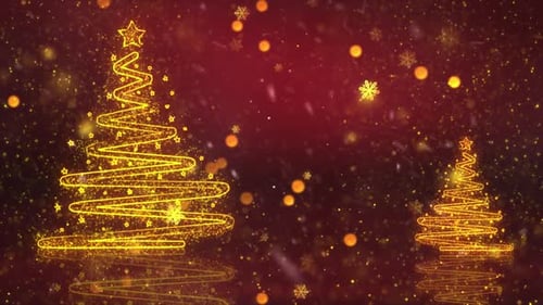 Sparkling Christmas Trees with Falling Snowflakes on Red Festive Background