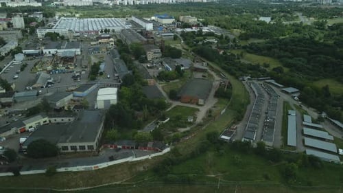 City block. The railway line and motorway pass nearby. Aerial photography.