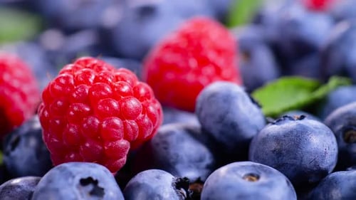 Close-Up of Ripe Raspberries and Blueberries