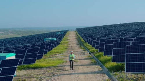 Technician Walking and Examining Solar Panels on Field