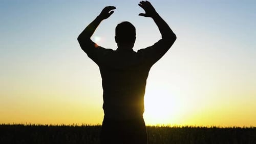 Silhouette of a Farmer Standing in a Field with Arms Raised