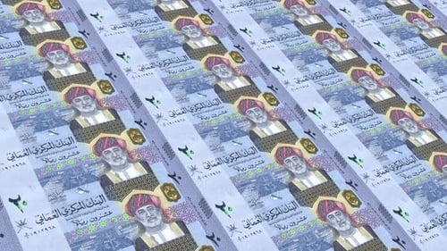 Omani Rial Banknotes Flowing Money Loop Background