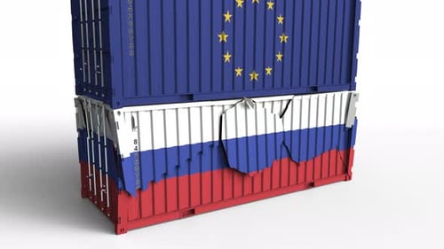 Container with Flag of the EU Breaks Container with Flag of Russia