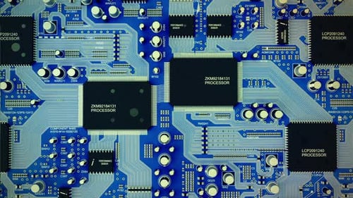 Circuit motherboard with processor and complex electronics, chips, semiconductor