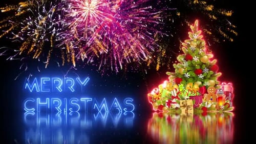 Christmas Neon Greeting with Festive Fireworks Animation