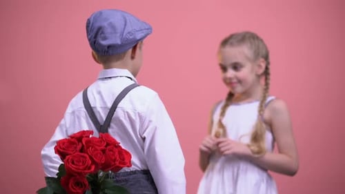 Boy Gives Roses to Smiling Girl on Pink