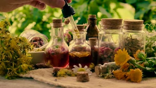 Essential Oils and Herbs in Vintage Bottles