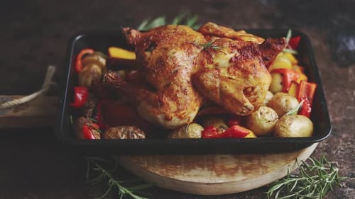 Whole Roasted Chicken or Turkey with Pumpkin, Potatoes, Red Pepper and Rosemary