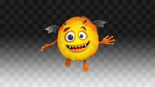 Furry Yellow Monster Character Waving and Smiling Animation