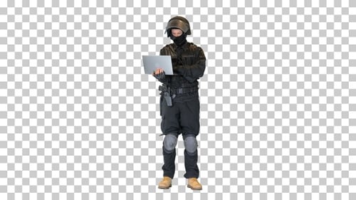 Masked Police Officer Using a Laptop Computer, Alpha Channel