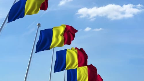 Animated Romanian National Flags Waving in Blue Sky