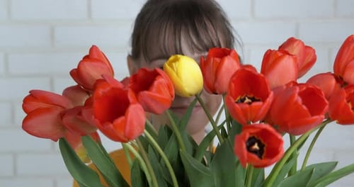 Girl Smiles Behind Red and Yellow Tulip Bouquet