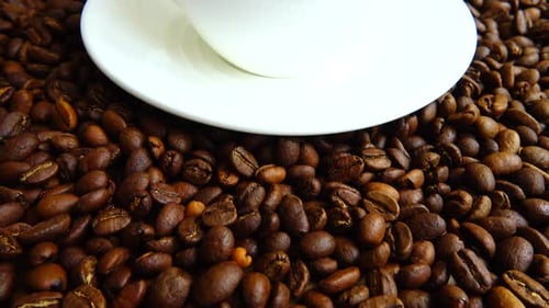 Roasted Coffee Beans with White Cup and Saucer