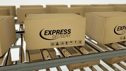 Express Delivery Boxes Moving on Automated Conveyor Belt