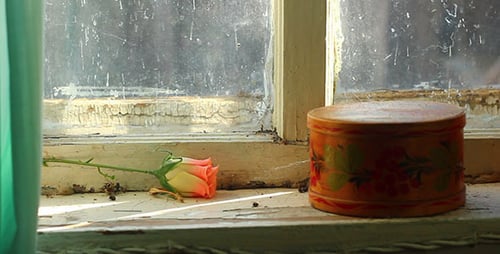 Rose and Wooden Box on Rustic Window Sill