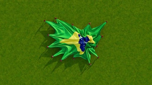 Brazilian Flag Unfurling on Green Sports Field