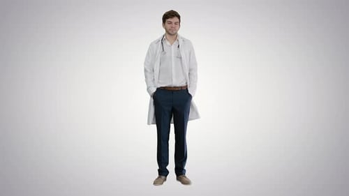 Doctor with Hands in Pockets on White Background
