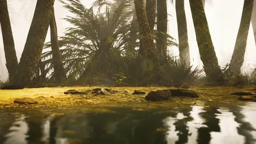 Misty Palm Forest and Water Reflection with Sunlight