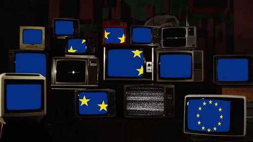 Vintage Televisions Displaying Patterns and Flags