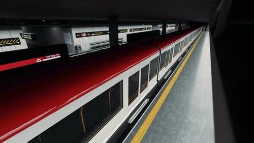 Tren subterráneo vacío que llega al andén de la estación de metro. Transportación