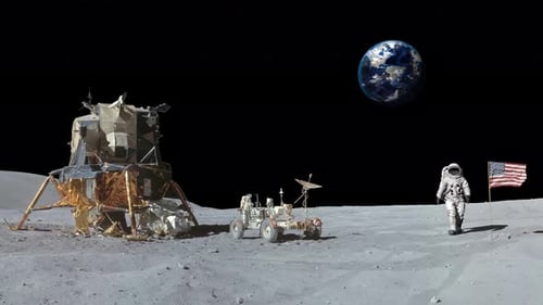 Astronaut Explores Moon Surface with Rotating Earth and Flag
