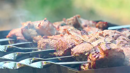 Smoking Skewers of Meat on an Outdoor Grill