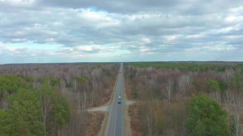 Sky View of Autumn Road with Cars. Aerial View Country Road in Autumn Forest. Autumn Forest and