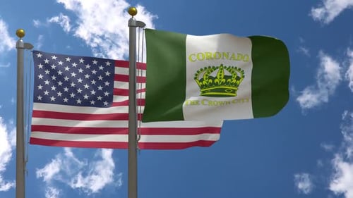 United States and Coronado City Flags Waving Against Blue Sky