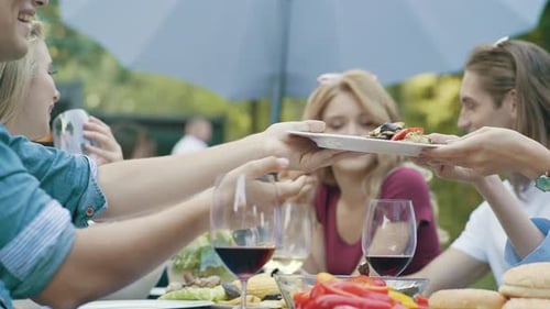 Friends Enjoy Food and Wine Outdoors Together