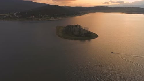 Lake Landscape Sunrise Over Water Cinematic Drone Footage - Shot of A Dam in Bulgaria at Sunset