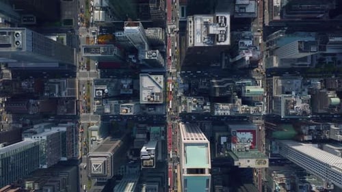 Birds Eye View of City Skyscrapers and Traffic
