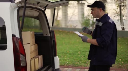Hübscher Kurier macht Notizen in Dokumenten und holt das Kartonpaket aus dem Lieferwagen