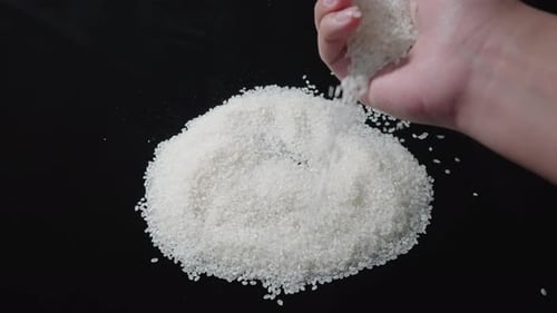 Hand Sifting Pile of White Rice on Black