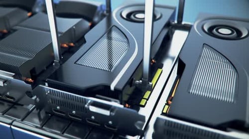Cartes graphiques sur une chaîne de montage. Fabrication automatisée de GPU en usine. 4k