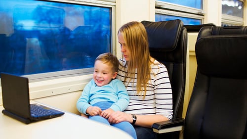 Mother and Child Using Laptop on Passenger Train