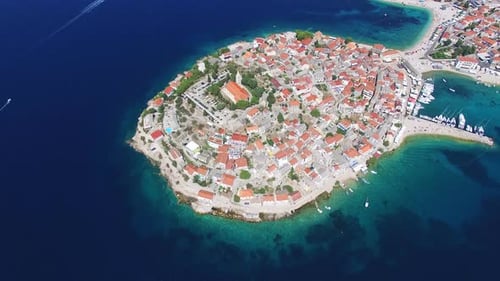 Flying above famous dalmatian nautical destination, Primosten, Croatia