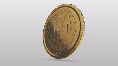 3D-Rendering einer rotierenden NFT-Münze auf weißem Hintergrund