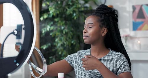 Young Woman Blogger Use Toner Feeling Refreshed Skin PH Equalization