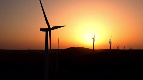 Windmühlen in einem Feld bei Sonnenuntergang