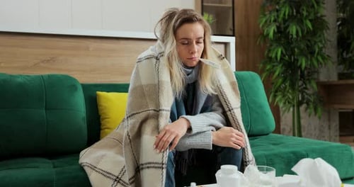 Woman Taking Her Temperature While Sitting on Couch