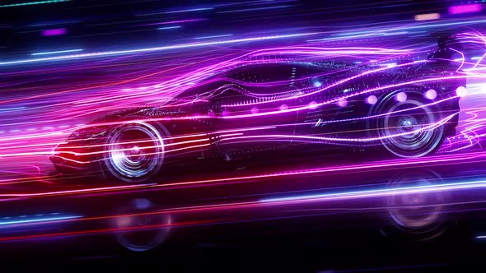 The Silhouette Of A Sports Car Is Driving Fast Along A Technological ...