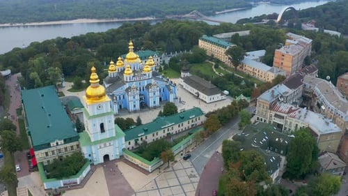 Saint Michael's Golden-Domed Monastery in Kiev. View From Above. Aerial Footage