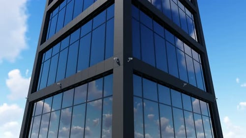 Modern Corporate Building with Security Cameras Reflecting Blue Sky