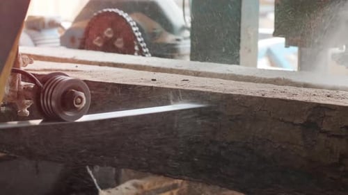 Sawing machine at wood production factory. Timber material processing